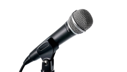 Title Black microphone on a stand. Suitable for music and podcasting projects, recording studios, live performances, or broadcasting settings.