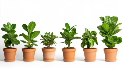 Obraz premium Six Potted Plants in Terracotta Pots on White Background