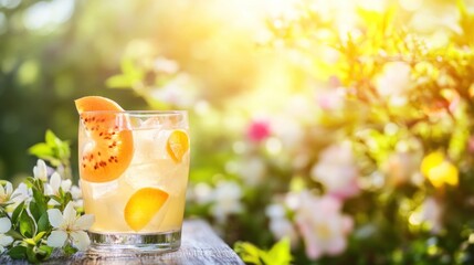 Sunlit garden cocktail,  cantaloupe garnish, summer drink, outdoor setting
