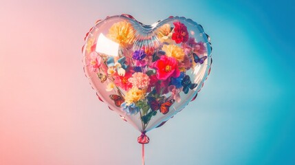 Heart-shaped balloon, flowers, butterflies, pastel background, Valentine's Day