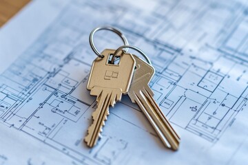 House keys atop blueprints; new home, construction plans