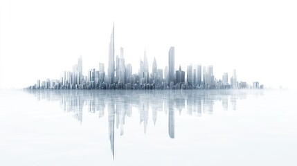 Naklejka premium Modern city skyline reflecting, urban landscape, futuristic design, white background, presentation
