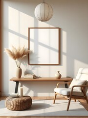 modern japandi interior with empty frame mockup, earthy neutral colors, wooden furniture, soft linen textiles, warm ambient lighting, wabi-sabi charm