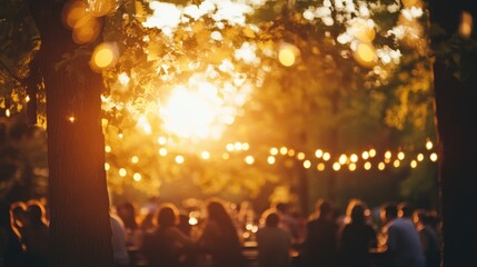 Sunset Garden Party Festive outdoor gathering under trees, string lights, blurry background
