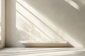 Espaço minimalista com luz natural projetando sombras dramáticas, apresentando um pódio simples e elementos decorativos sutis, criado com IA generativa