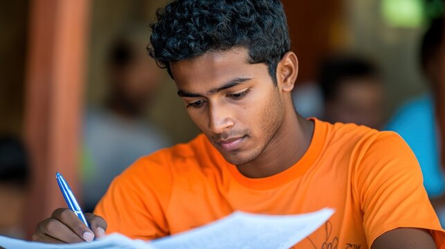 Focused Sri Lankan student studying outdoors amidst classmates
