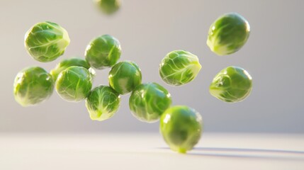 Fresh Brussels Sprouts Floating in Air with Soft Background Light