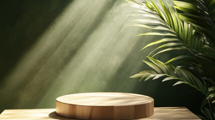 Fototapeta premium Wooden display platform, sunlit, green background, palm leaves, product presentation