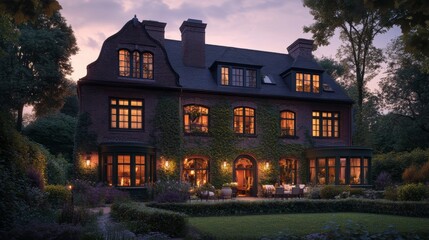 Elegant brick house with lush garden and warm evening glow in a tranquil neighborhood setting