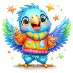 Naklejka premium Cheerful Cartoon Bird Wearing a Cozy Sweater Surrounded by Colorful Stars