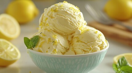 Refreshing Lemon Ice Cream Scoops in Bowl