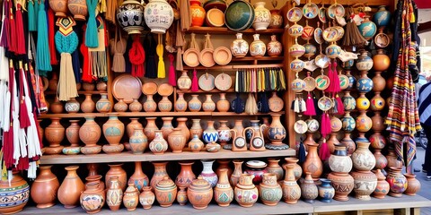 Colorful display of handmade Peruvian textiles and pottery at a bustling market stall, display, travel, tourism