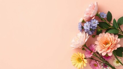 Colorful isolated fresh flowers on pastel peach background flat lay, friendship, flowers, love