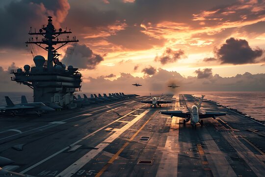 Military aircraft carrier ship with fighter jets on the background of sunset - Powered by Adobe