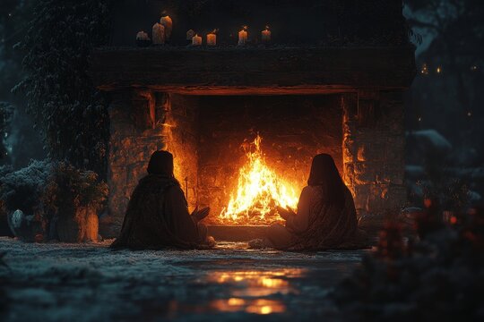 Winter fireside ritual, forest setting, magical background, fantasy film - Powered by Adobe