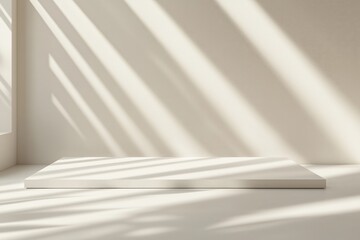 Espaço minimalista com luz natural projetando sombras dramáticas, apresentando um pódio simples e elementos decorativos sutis, criado com IA generativa