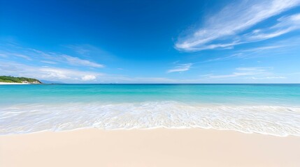 Panoramic View Of A Pristine Beach With Turquoise Water And A Clear Blue Sky