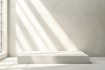 Obraz premium Espaço minimalista com luz natural projetando sombras dramáticas, apresentando um pódio simples e elementos decorativos sutis, criado com IA generativa