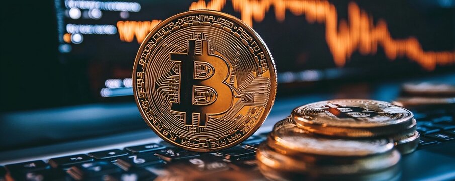 Bitcoin cryptocurrency standing on laptop keyboard with trading charts on screen - Powered by Adobe