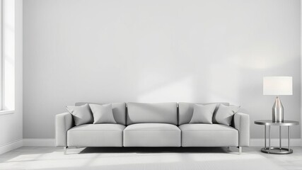 Modern living room with stylish couch, sleek table, and contemporary design, against bright grey wall with modern lamp, design, grey, bright