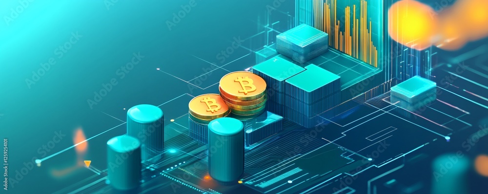 Poster bitcoin cryptocurrency growing on circuit board with digital charts