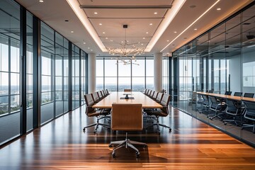 Contemporary Conference Room Featuring Sleek Wooden Floors and Large Glass Walls in a Bright Office Environment