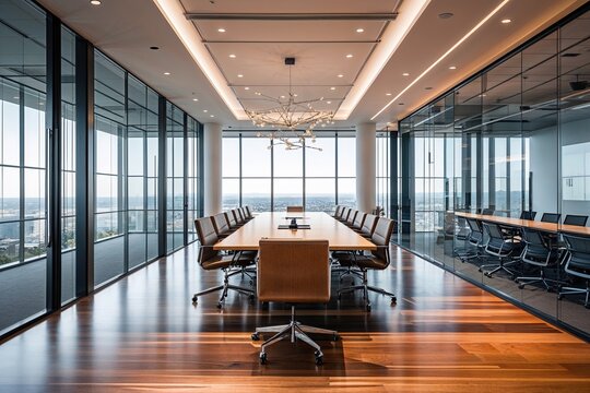 Contemporary Conference Room Featuring Sleek Wooden Floors and Large Glass Walls in a Bright Office Environment