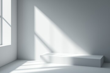 Obraz premium Espaço minimalista com luz natural projetando sombras dramáticas, apresentando um pódio simples e elementos decorativos sutis, criado com IA generativa