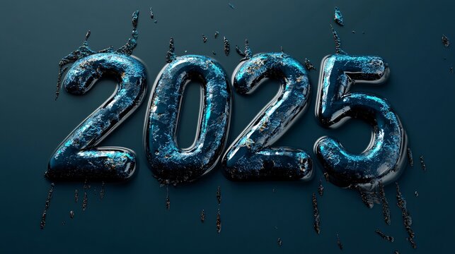 2025 liquid metal text dripping on dark background