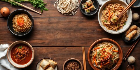 Various Asian meals including sushi, dumplings, noodles, and stir-fry dishes arranged on a rustic wooden background, top view with space for text, background, noodles, meals