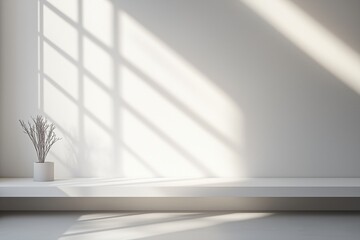 Espaço minimalista com luz natural projetando sombras dramáticas, apresentando um pódio simples e elementos decorativos sutis, criado com IA generativa