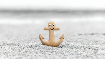 Happy anchor figurine on sandy beach, ocean background, summer vacation concept