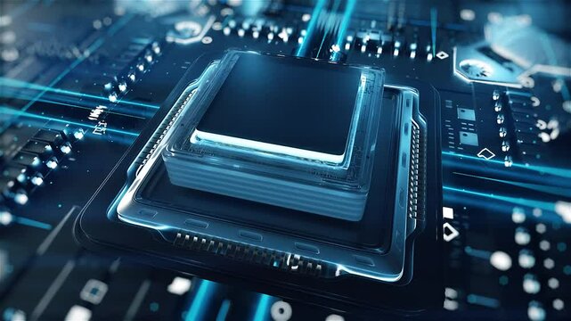 Concept advanced futuristic microprocessor chip connecting with a motherboard and activates entire system. High tech processor chip animation, technology motherboard circuit current.