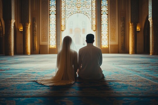 Muslim couple praying, mosque interior, stained glass, serenity