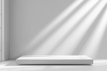 Obraz premium Espaço minimalista com luz natural projetando sombras dramáticas, apresentando um pódio simples e elementos decorativos sutis, criado com IA generativa