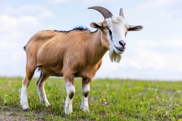 Animal Welfare Concepts. Brown goat standing in a grassy field under a blue sky.