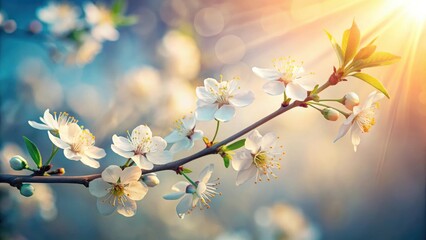 A Delicate Branch of Blossoms Bathed in Golden Sunlight, Symbolizing Renewal and the Promise of Springtime
