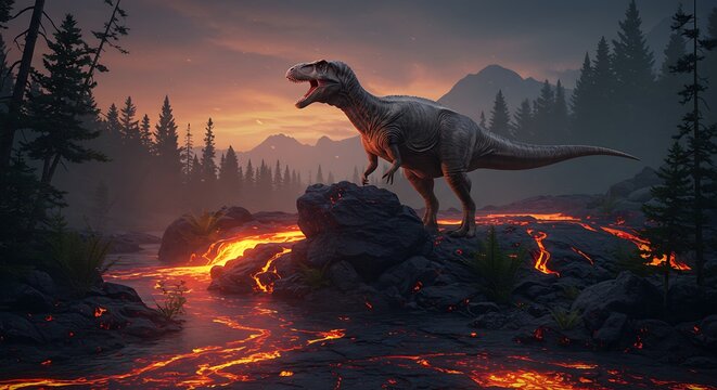 Tyrannosaurus Rex Roaring on Lava River Bank with Forest Backdrop
