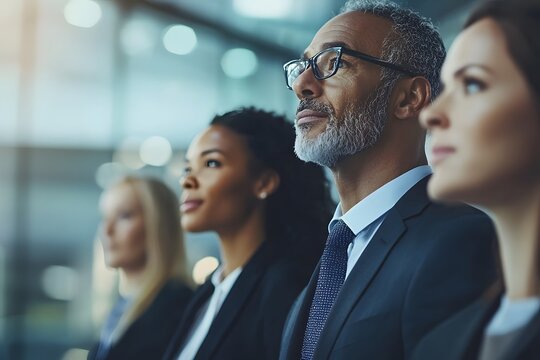 Visionary Leaders: A diverse group of confident business professionals, dressed in sharp suits, gaze into the future with a shared sense of purpose and ambition.