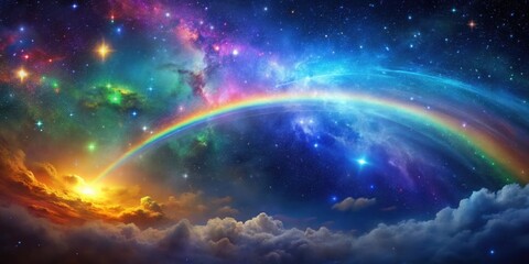 Celestial Wonder A Dreamlike Cosmic Landscape with a Vibrant Rainbow Arcing Across a Starry Night Sky and a Golden Sunset Below