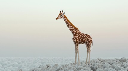 Giraffe Standing On Mist Covered Plains