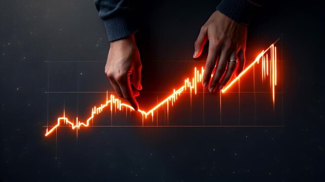 Top-Down View Of Hands Examining A Dynamic Growth Chart With Glowing Elements Against A Dark Backgrounds Analysis Of Progress And Trends Visualization Of Data Insightful Charts Examining Growth