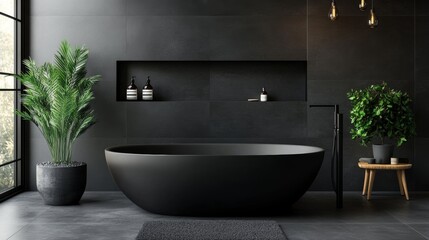 Luxurious modern bathroom with freestanding black tub and greenery in serene setting