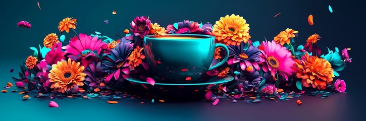 An artistic representation of a coffee cup, surrounded by a floral arrangement.