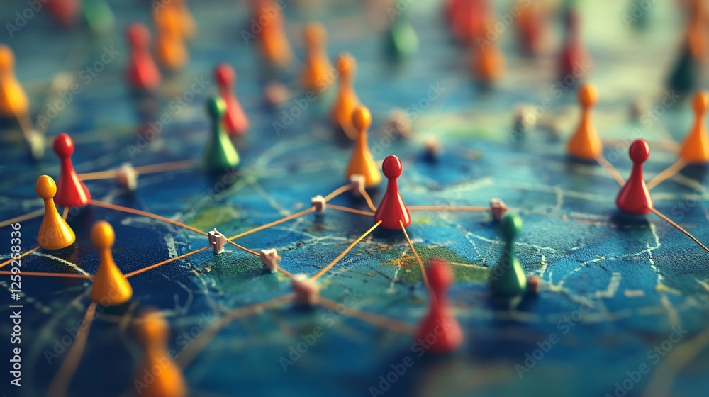 Poster network connecting colorful pawns on a world map