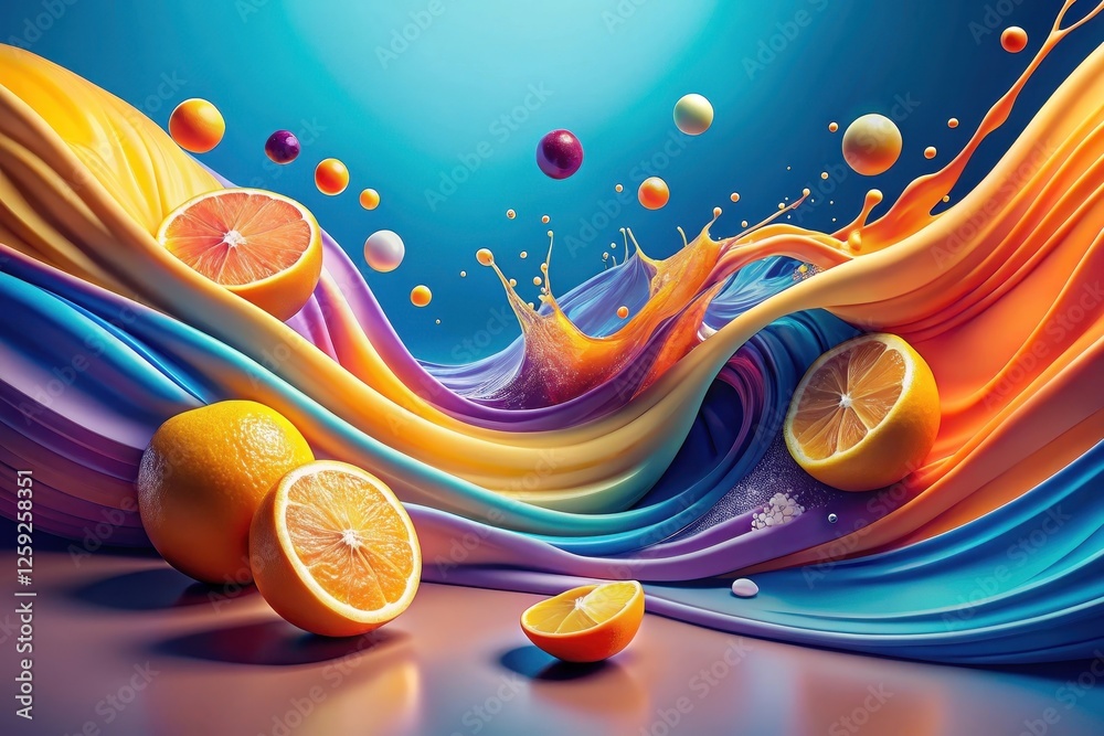 Wall mural vibrant citrus fruit splashing into a wave of colorful liquid, creating a dynamic and refreshing abs