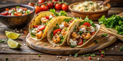 Scrumptious Shrimp Tacos with Fresh Herbs and Creamy Dressing on Rustic Wooden Board