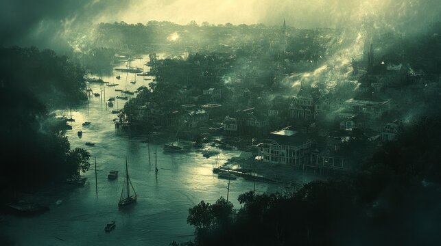 Flooded Town River Boats Houses Mist