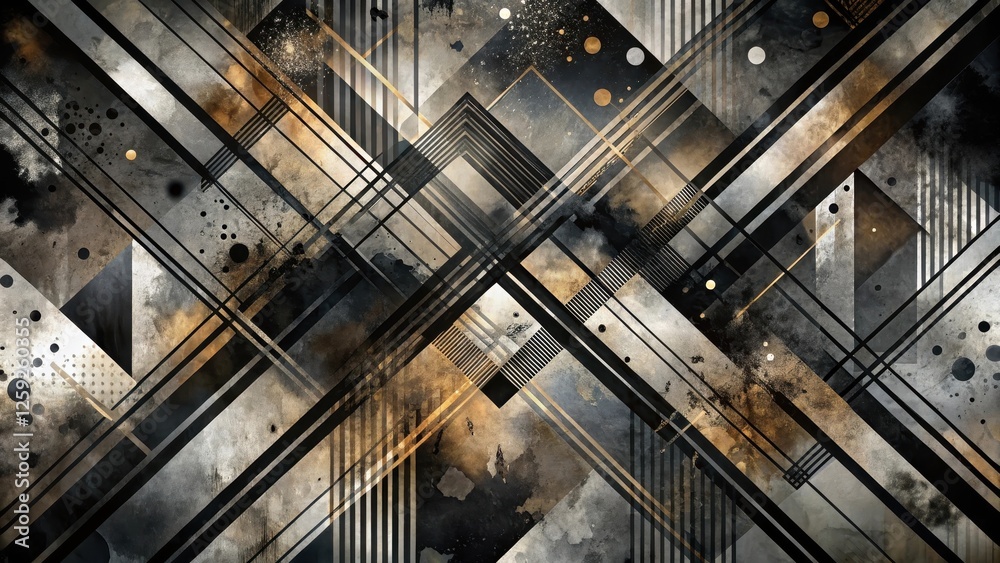 Wall mural abstract geometric design featuring intersecting lines and metallic accents on a textured background