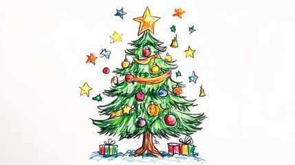 Christmas tree drawing with colorful ornaments. A whimsical scene. Emphasizing festive creativity. Perfect for holiday greeting cards and kids' art projects.